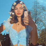 Coachella Music Festival Outfits Puff Sleeve Wooden Ear Solid Color off-Shoulder Short Chiffon Shirt