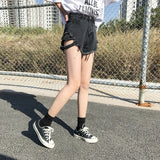 Women Jean Shorts Side with Spikes Denim Shorts Loose Hole High Waist Jeans