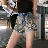 Women Jean Shorts Side with Spikes Denim Shorts Loose Hole High Waist Jeans