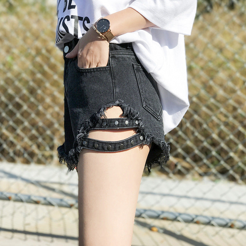 Women Jean Shorts Side with Spikes Denim Shorts Loose Hole High Waist Jeans