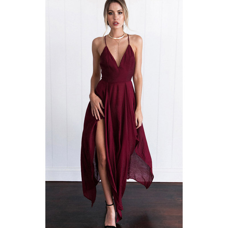 Maxi Burgundy Dress Formal Summer V-neck Sexy Long Dress