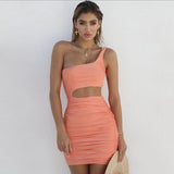 Long Sleeve Burgundy Dress Formal Summer Women's Sexy One-Shoulder Pleated Skirt Sheath Dress