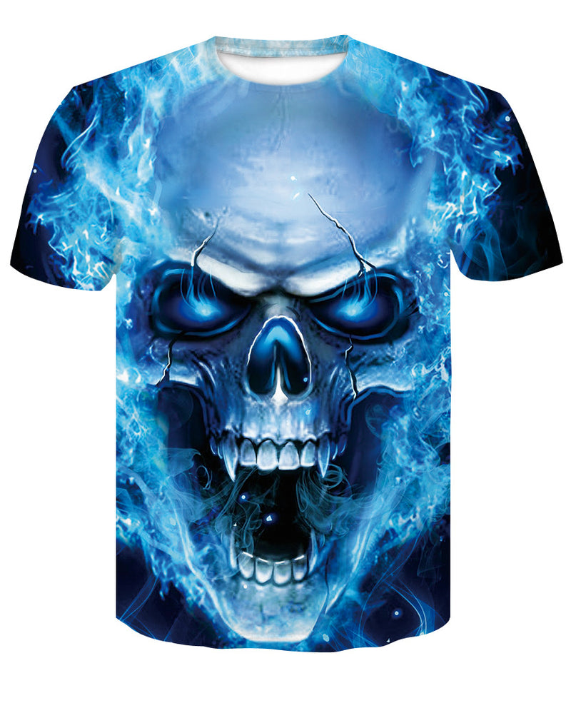 Skull T Shirt Blue Flame Skull Print round Neck