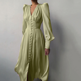 Taffeta Dress Satin Dress Lantern Sleeve Waist-Tight Elegant Slim-Fit Dress