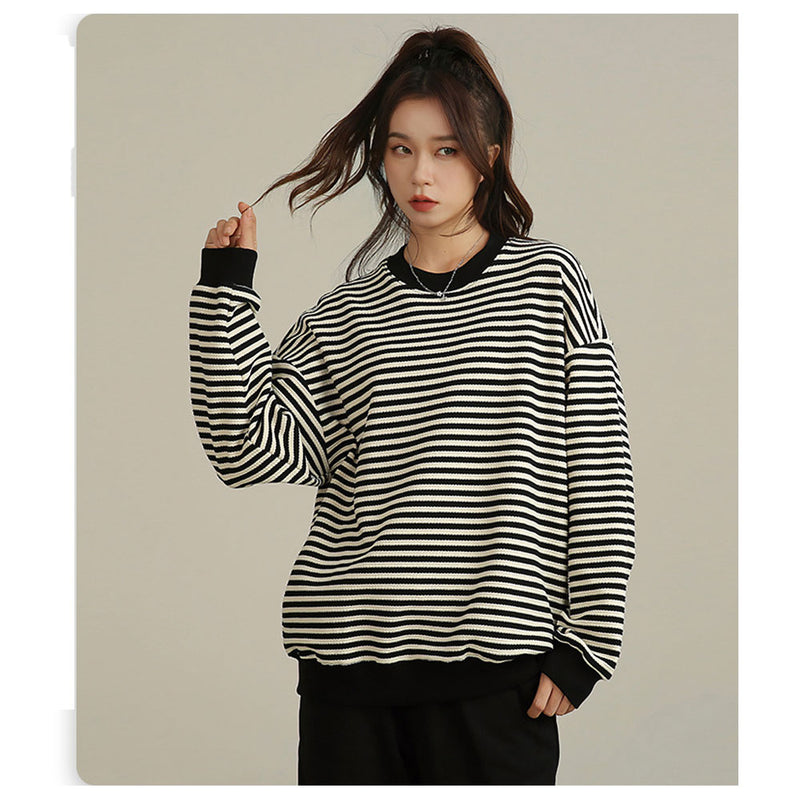 Men Sweatshirts Striped round Neck Sweater Versatile Simple