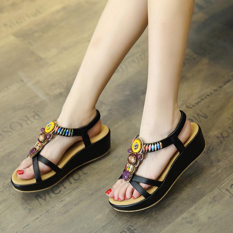 Fancy Sandals Summer Bohemian Beach Wedge Vintage Beaded Large Size Shoes