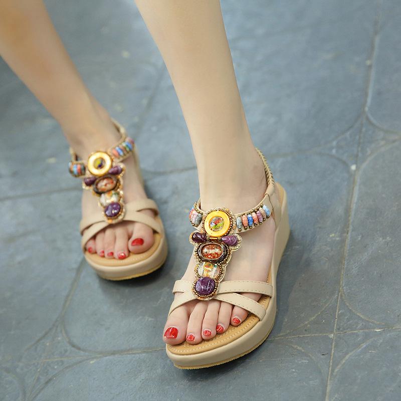 Fancy Sandals Summer Bohemian Beach Wedge Vintage Beaded Large Size Shoes