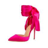 Hot Pink Heels Pointed-Toe Hollowed Satin Girdle 12cm Ultra-Fine High Heel Women's Party Shoes