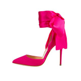 Hot Pink Heels Pointed-Toe Hollowed Satin Girdle 12cm Ultra-Fine High Heel Women's Party Shoes