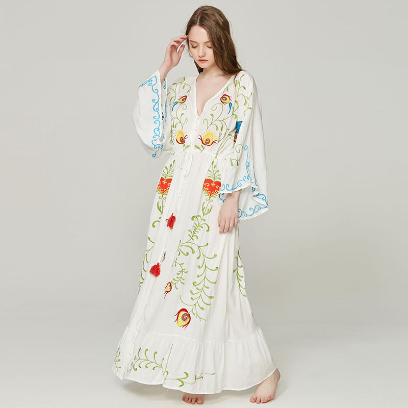 Beth Dutton Bohemian Dress Winter Autumn Maxi Dresses Flowers Embroidered V-neck