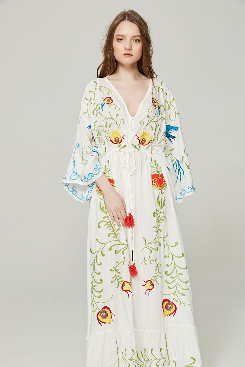 Beth Dutton Bohemian Dress Winter Autumn Maxi Dresses Flowers Embroidered V-neck