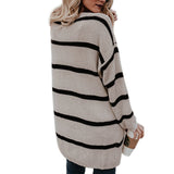 Women Cardigan Knit Sweater Spring Fashion Mid-Length Striped Knitted Cardigan