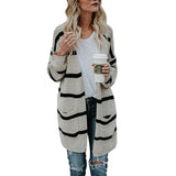 Women Cardigan Knit Sweater Spring Fashion Mid-Length Striped Knitted Cardigan