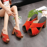 High Heels Slippers Summer Fashion Cross Strap Rivet Thick High Heel Slippers