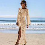 Coachella Music Festival Outfits Sexy Cutout Knitted Beach Dress Long Sleeve Sun Protection Clothing