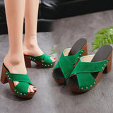 High Heels Slippers Summer Fashion Cross Strap Rivet Thick High Heel Slippers