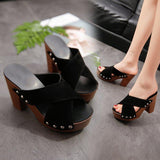 High Heels Slippers Summer Fashion Cross Strap Rivet Thick High Heel Slippers