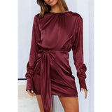 Taffeta Dress Satin Dress Long Sleeve Elastic Lace-up Waist Elegant Formal Dress