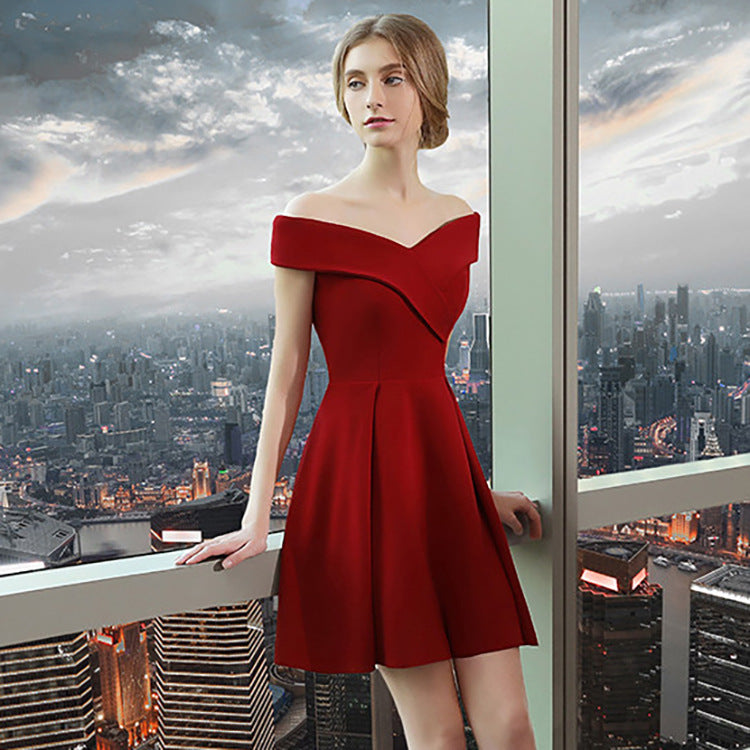 Burgundy Dress Formal Short Summer Engagement Dress off-Shoulder Slimming Banquet