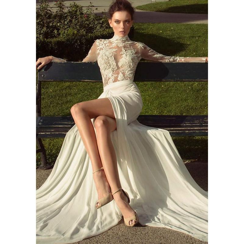 Women Lace Wedding Dress Summer Women's Dress Sexy Lace Long Sleeve See-through Dress