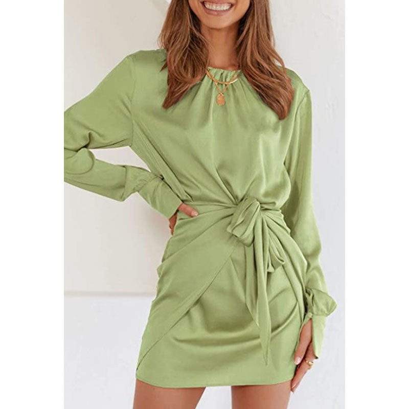 Taffeta Dress Satin Dress Long Sleeve Elastic Lace-up Waist Elegant Formal Dress