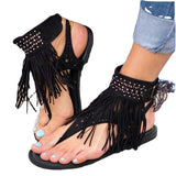 Women Open Toe Sands Flats Summer Plus Size Round Toe Solid Color Flat Heel Tassel Sandal Boots