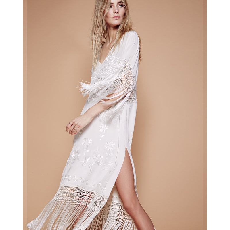 Beth Dutton Bohemian Dress Winter Autumn Maxi Dresses V-neck Sexy Hollow Embroidery