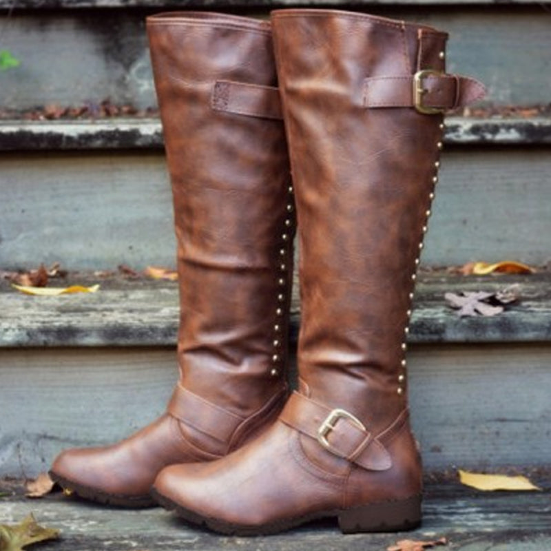 Beth Dutton Shoes Autumn Solid Color Flat Bottom Rivet High Leg Boot