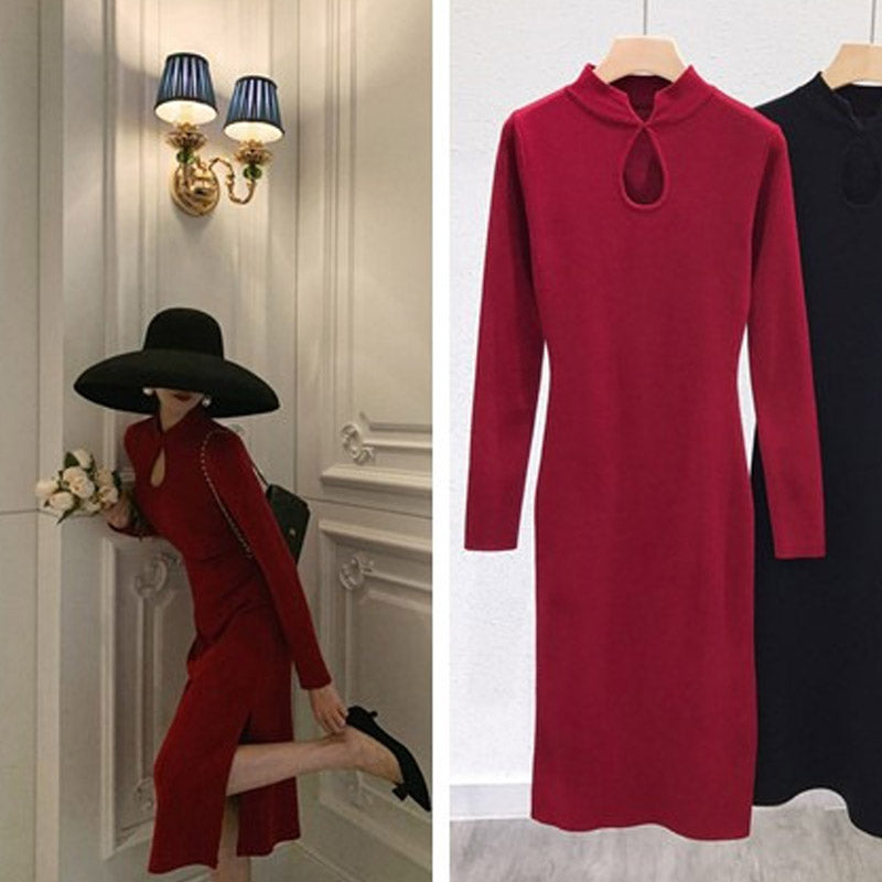 Long Sleeve Burgundy Dress Formal Dress Split Sheath Overknee Skirt