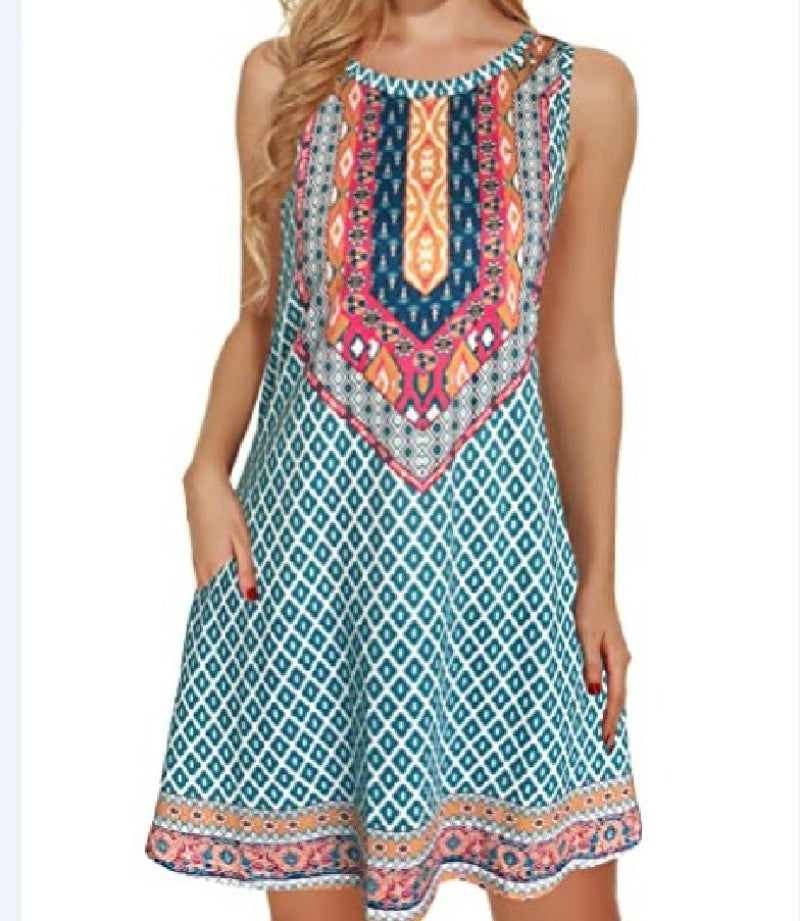 Gypsy Style Dresses Beach Sleeveless Vintage Floral Flowy Pocket