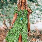 Gypsy Style Dresses V-neck Printed Large Size Beach Slit Elastic