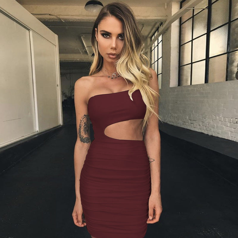 Long Sleeve Burgundy Dress Formal Summer Women's Sexy One-Shoulder Pleated Skirt Sheath Dress