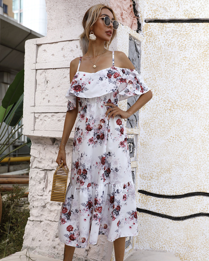 Nine Britton Dress Waist Trimming Printing off-the-Shoulder Sling