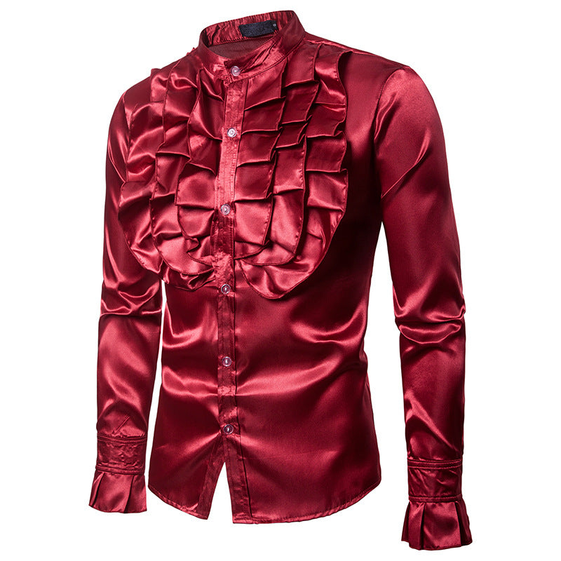 Men Prom Outfits Chest Big Flower Stand Collar Long Sleeve Shirt