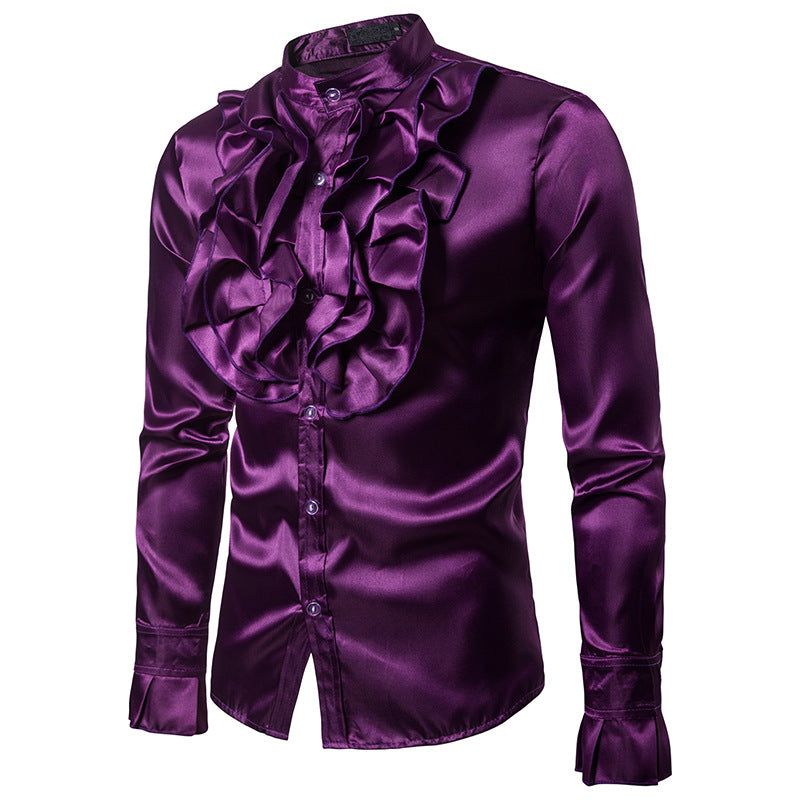 Men Prom Outfits Chest Big Flower Stand Collar Long Sleeve Shirt