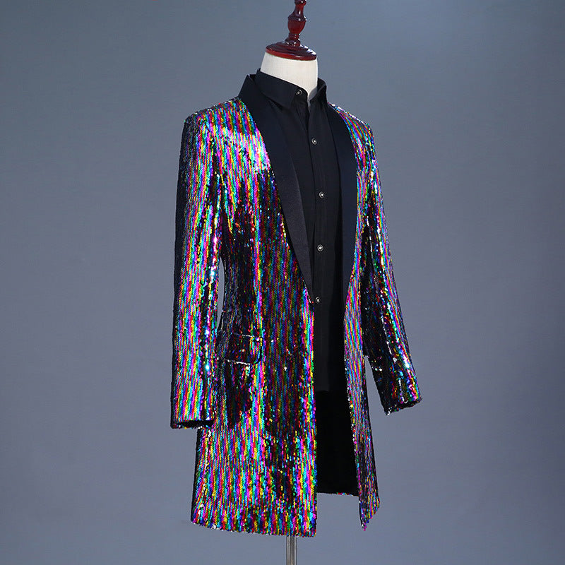 Men Prom Outfits Color-Changing Trench Coat Turning Piece Seven-Color Sequins