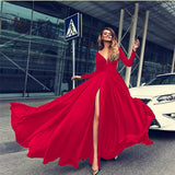 Burgundy Evening Dresses for Weddings Dress Sexy Deep V Long Sleeve Dress