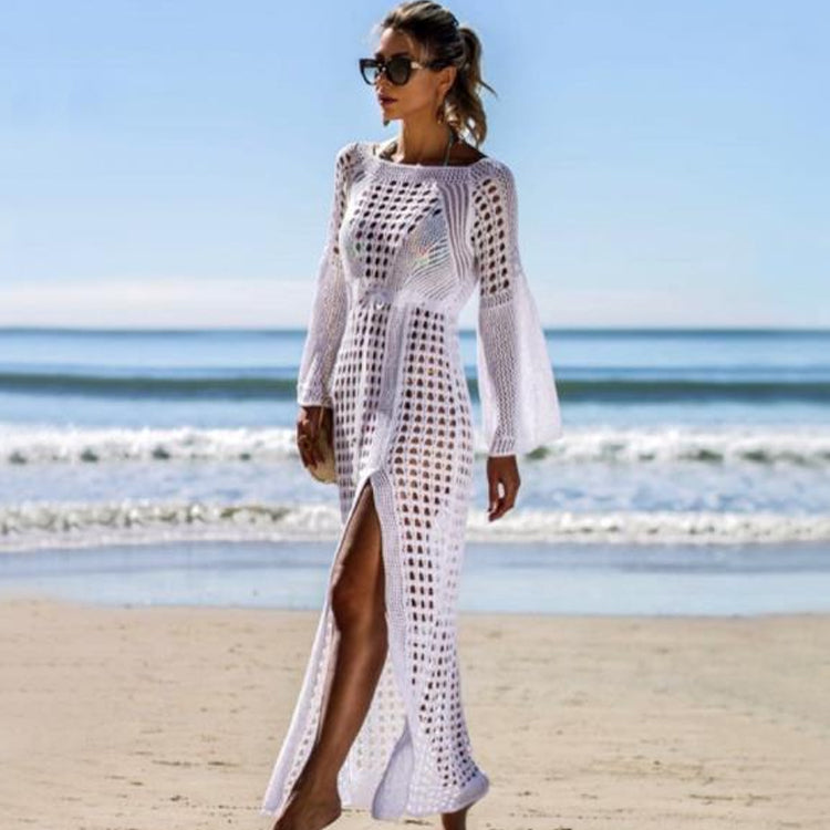 Coachella Music Festival Outfits Sexy Cutout Knitted Beach Dress Long Sleeve Sun Protection Clothing