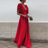 Burgundy Evening Dresses for Weddings Women's Dress Sexy V-neck Ruffle Sleeve Dress