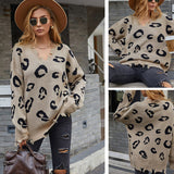 Women Pullover Knit Sweater Autumn and Winter V-neck Leopard Print Fringed Sweater