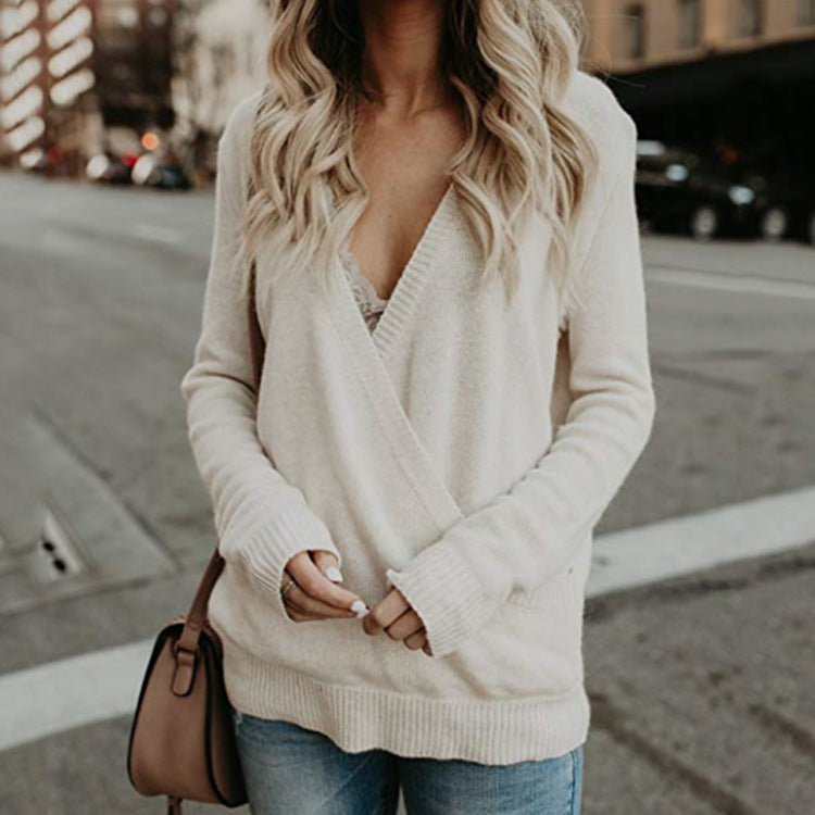 Women Pullover Knit Sweater V-neck Stitching Cross Sweater for Women