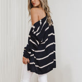 Women Cardigan Knit Sweater Spring Fashion Mid-Length Striped Knitted Cardigan