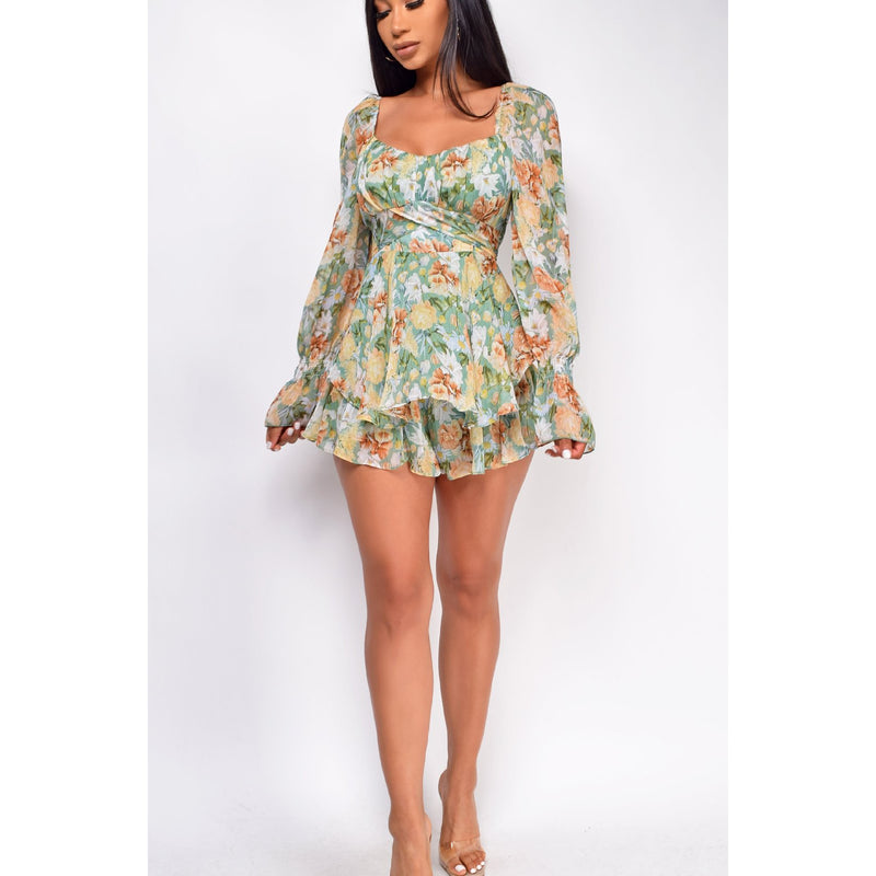 Coachella Music Festival Outfits Floral Women's Sexy Backless Square Collar Long Sleeve Shorts