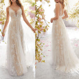 Long Homecoming Dresses Sexy V-neck Sleeveless Lace Wedding Dress