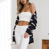 Women Cardigan Knit Sweater Spring Fashion Mid-Length Striped Knitted Cardigan