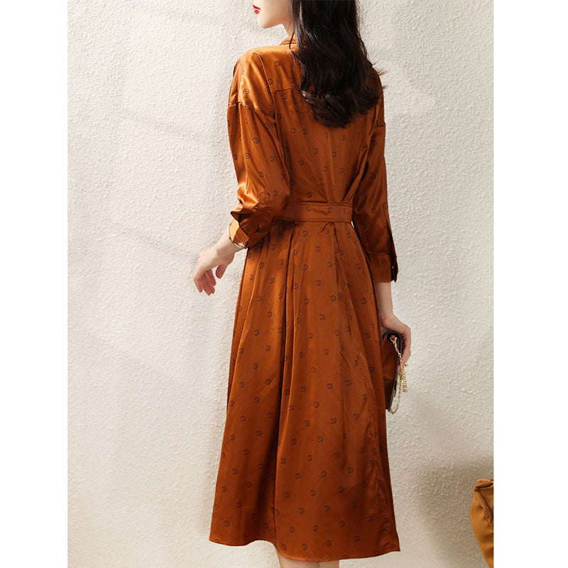 Kendall Jenner Wedding Guest Dress Women's Caramel Retro High-Grade Dignified Generous Style V-neck Shirt Collar