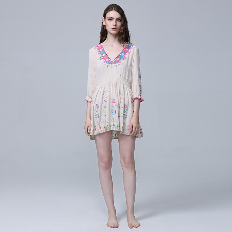 Beth Dutton Bohemian Summer Spring Midi Dress V-neck Embroidery Short