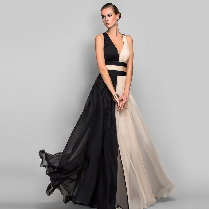 Long Homecoming Dresses V-neck Sleeveless Color Matching Dress Long Dress