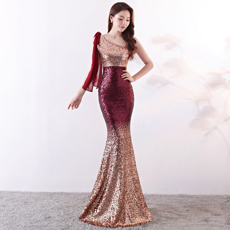 Burgundy Dress Formal Banquet Evening Gown Dress Fishtail
