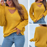 Women Pullover Knit Sweater Autumn and Winter Solid Color Sexy Chest Hollow out Sweater Female